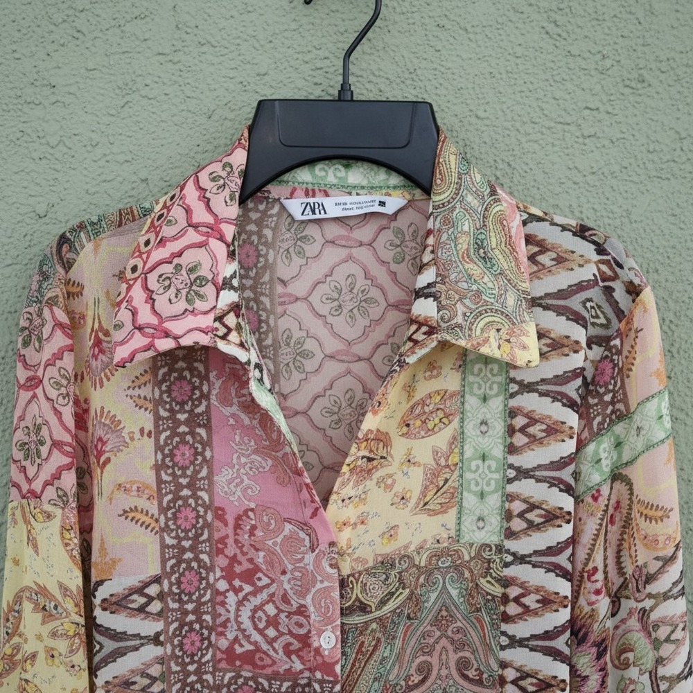 Zara Sheer Patchwork Print Blouse - Like New (Size M)